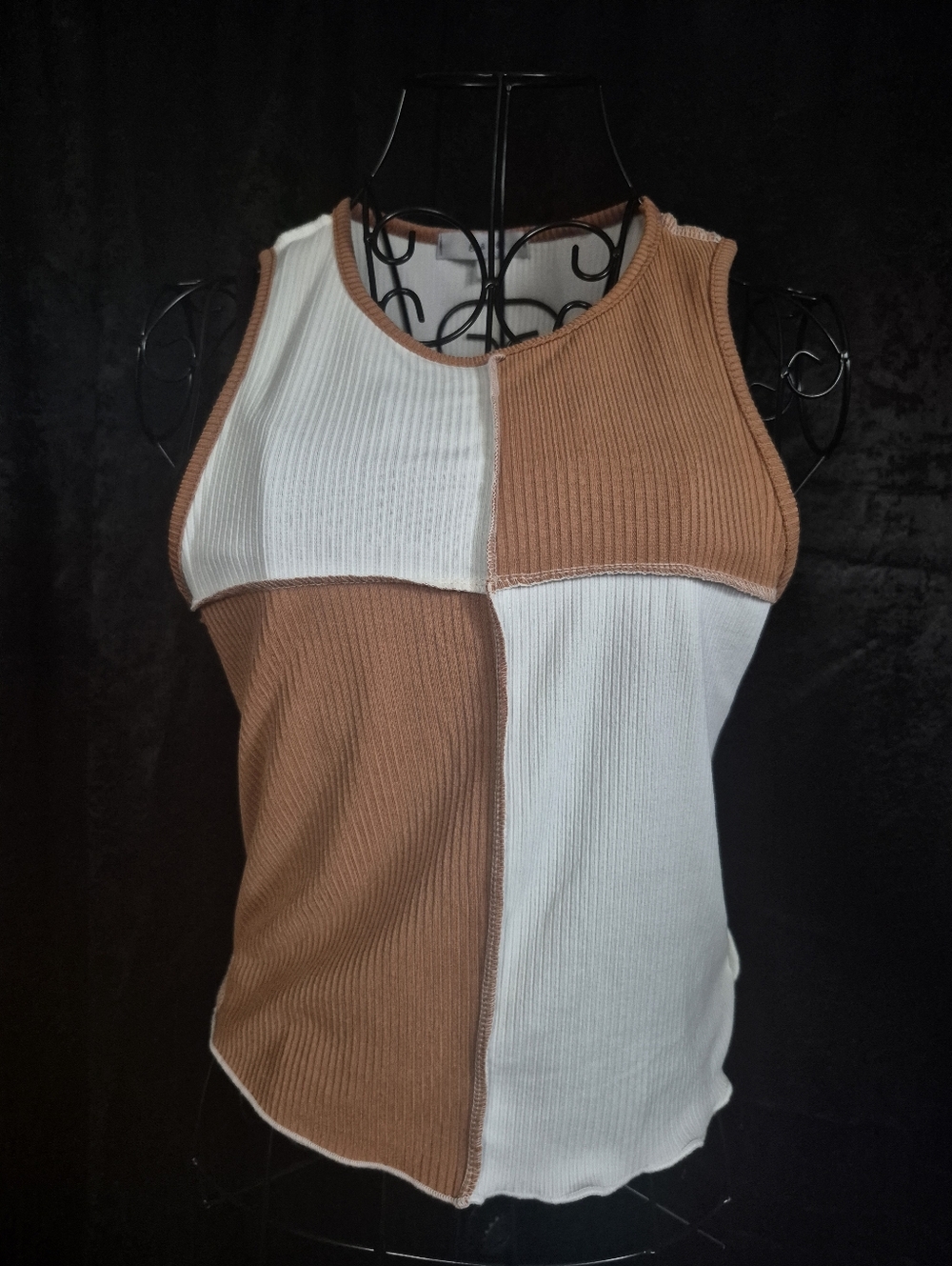 Colorblock Ribbed Tank Top - Brown & White